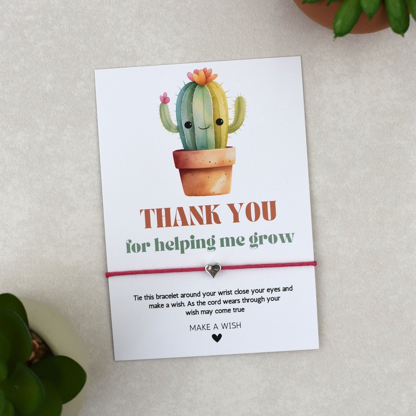 CLEARANCE - Thank You For Helping Me Grow Cactus Wish Bracelet | Heart Charm