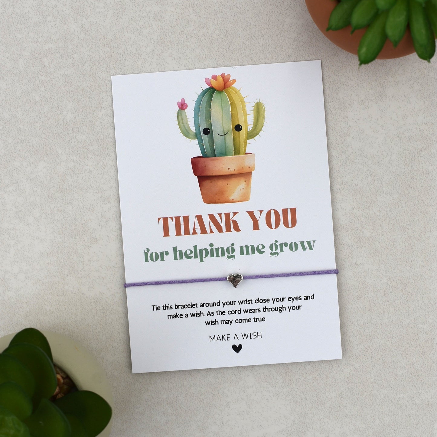 CLEARANCE - Thank You For Helping Me Grow Cactus Wish Bracelet | Heart Charm