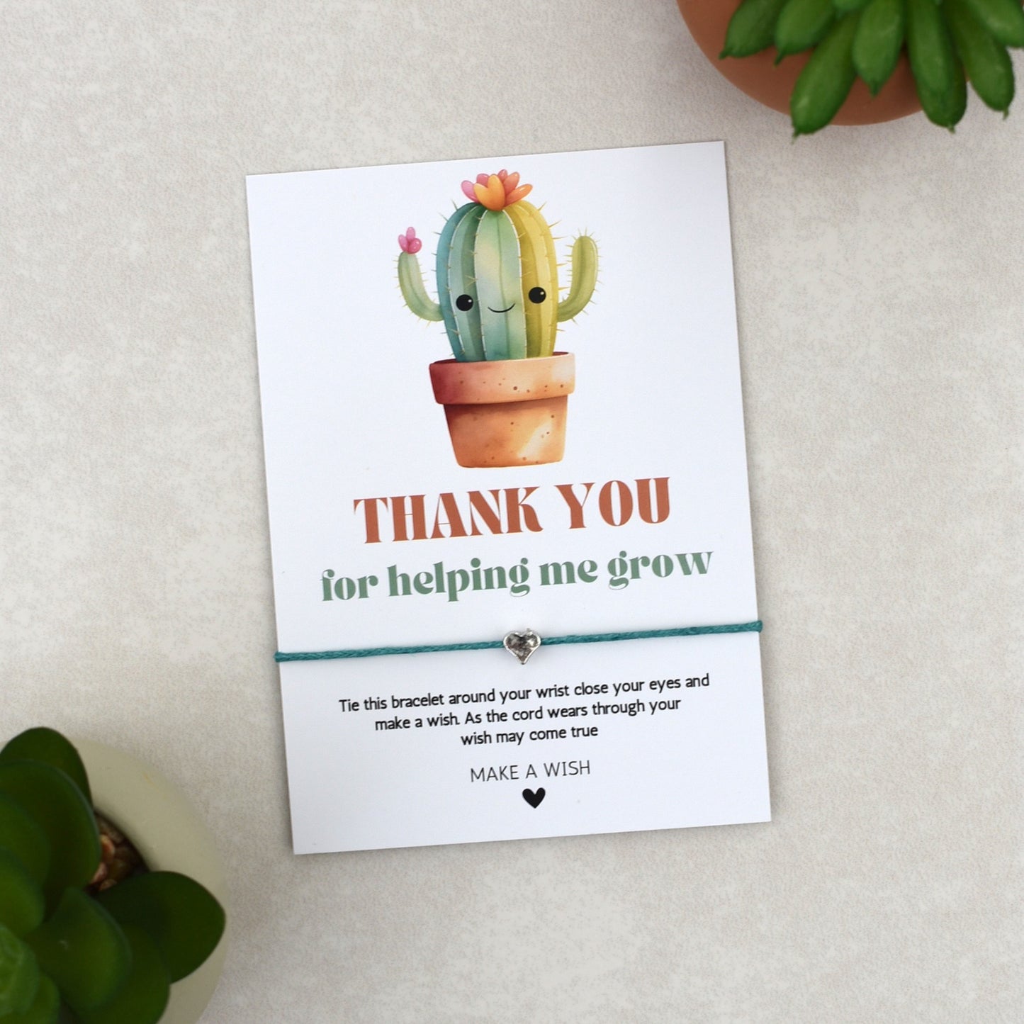 CLEARANCE - Thank You For Helping Me Grow Cactus Wish Bracelet | Heart Charm