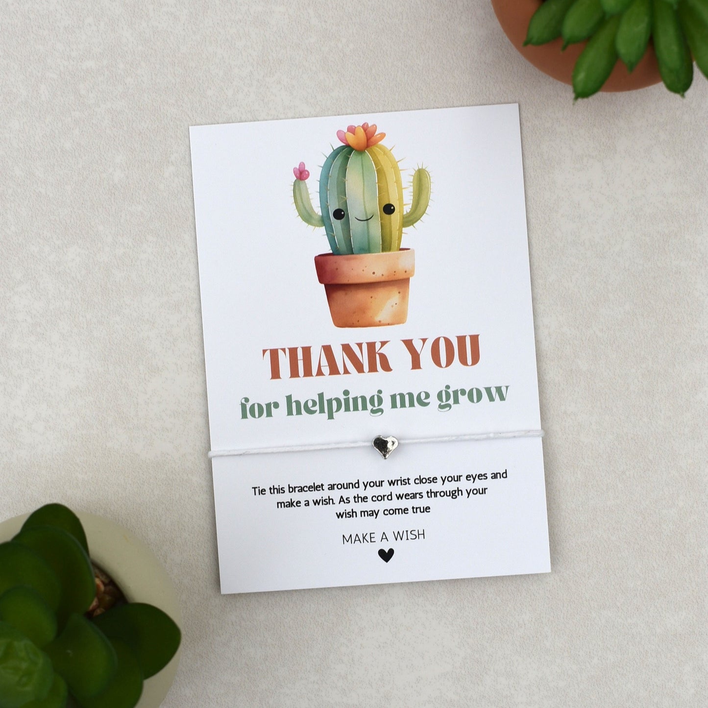 CLEARANCE - Thank You For Helping Me Grow Cactus Wish Bracelet | Heart Charm