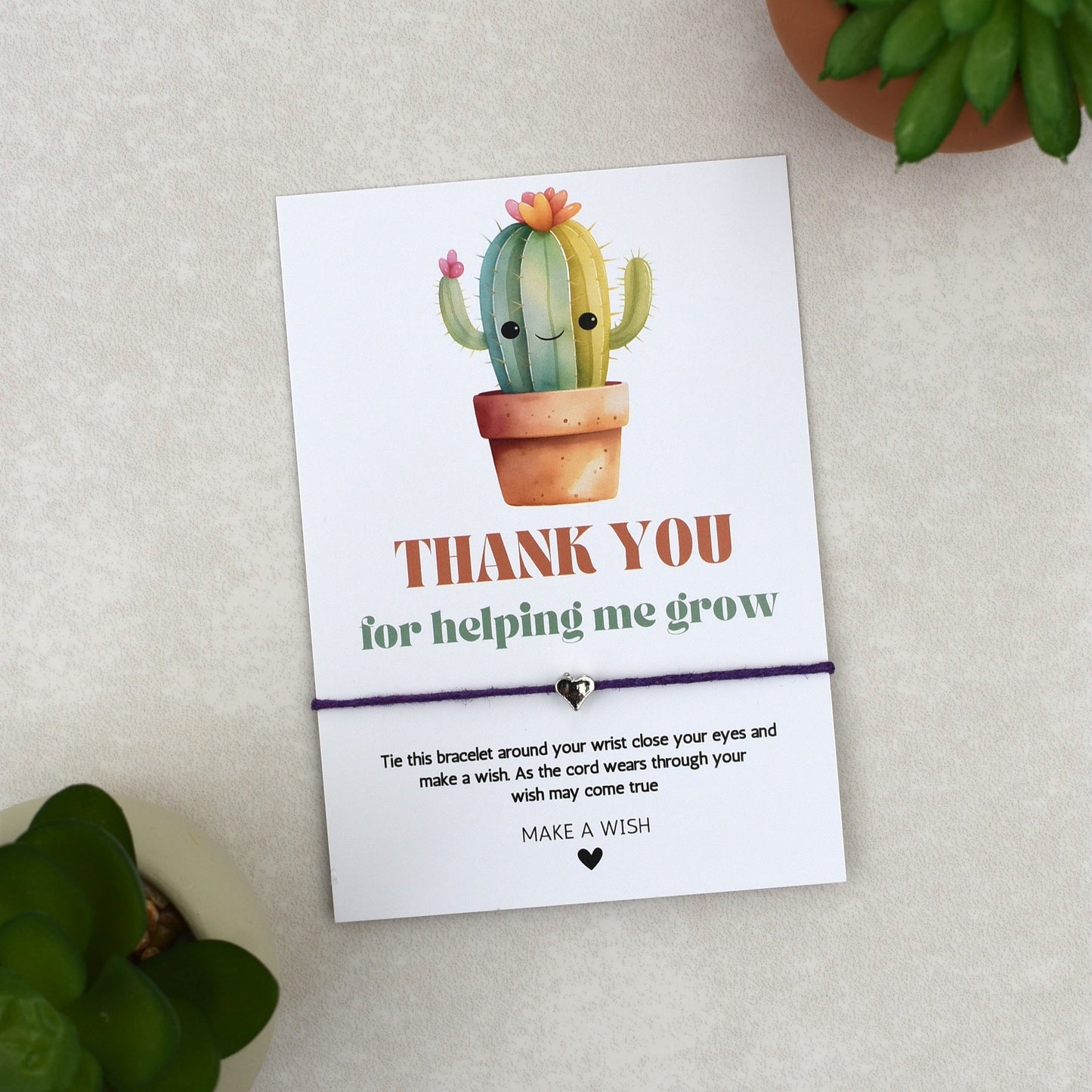 CLEARANCE - Thank You For Helping Me Grow Cactus Wish Bracelet | Heart Charm