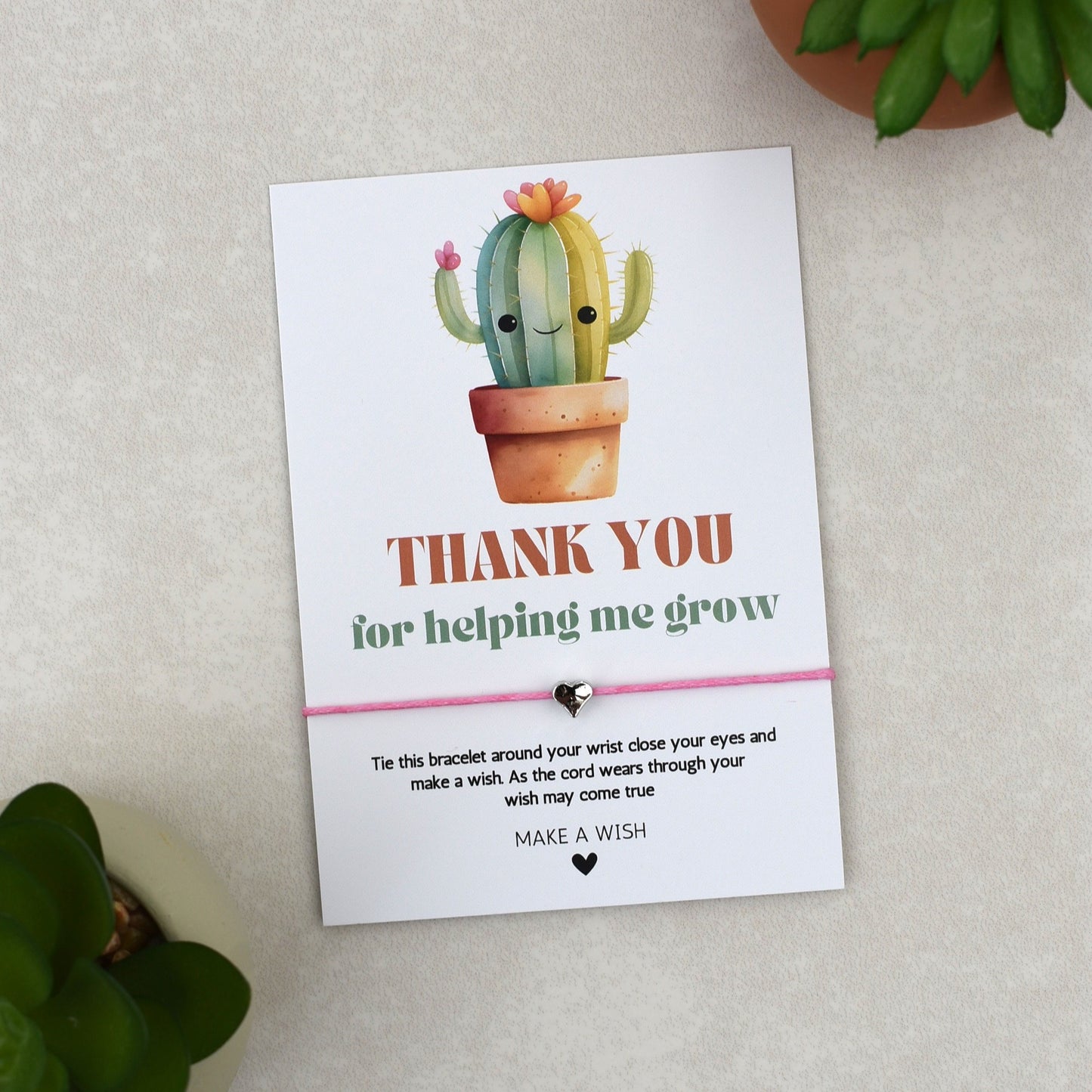CLEARANCE - Thank You For Helping Me Grow Cactus Wish Bracelet | Heart Charm