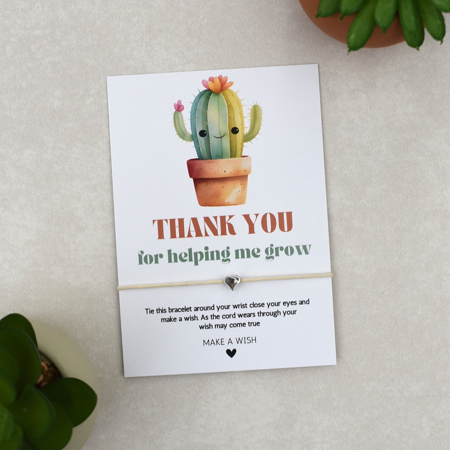 CLEARANCE - Thank You For Helping Me Grow Cactus Wish Bracelet | Heart Charm