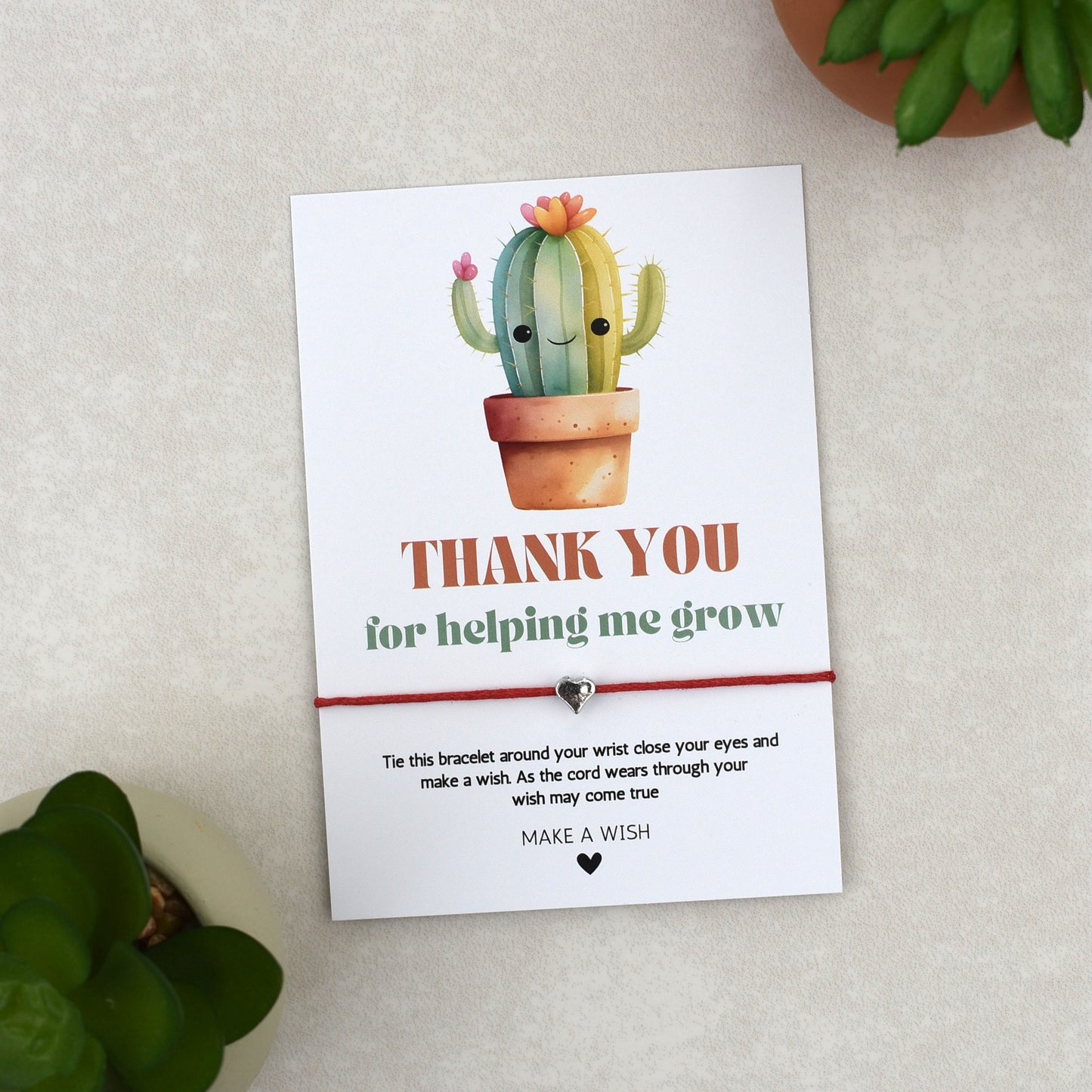 CLEARANCE - Thank You For Helping Me Grow Cactus Wish Bracelet | Heart Charm