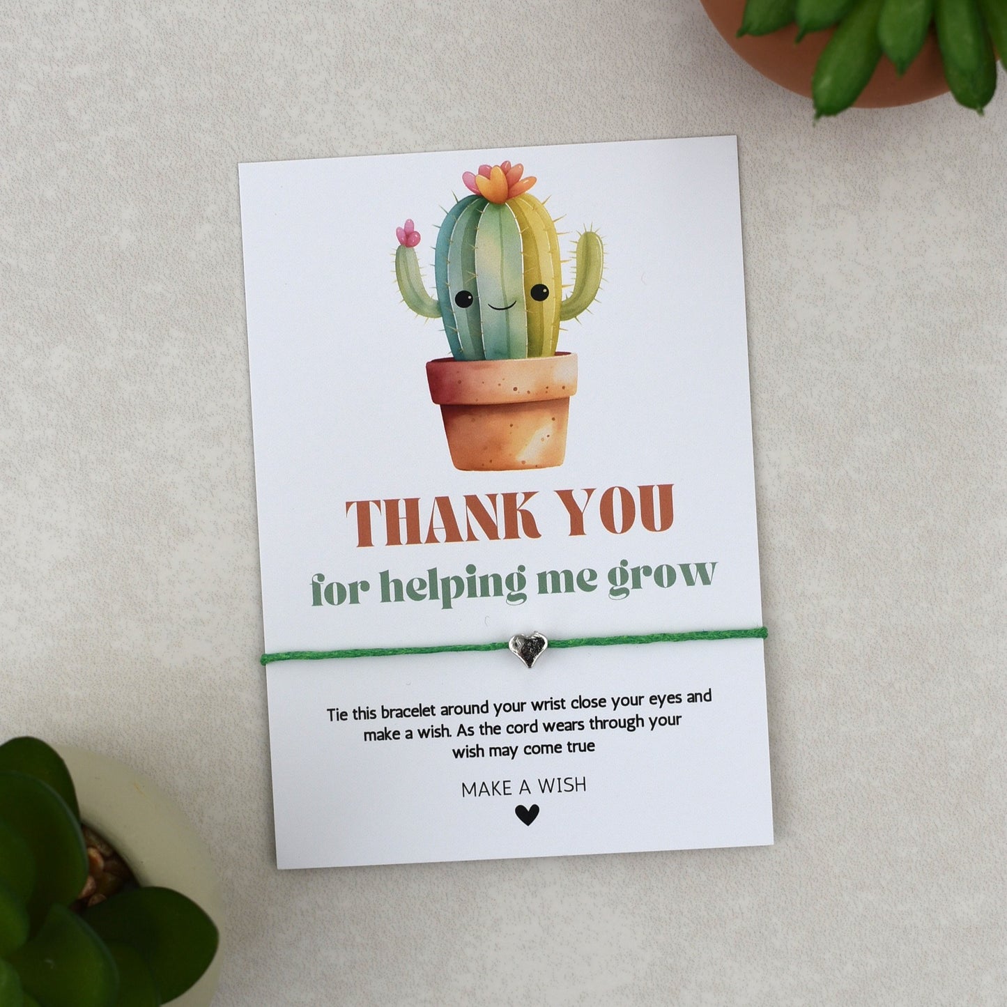 CLEARANCE - Thank You For Helping Me Grow Cactus Wish Bracelet | Heart Charm