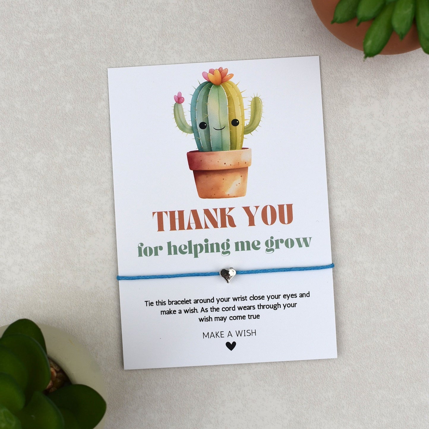 CLEARANCE - Thank You For Helping Me Grow Cactus Wish Bracelet | Heart Charm